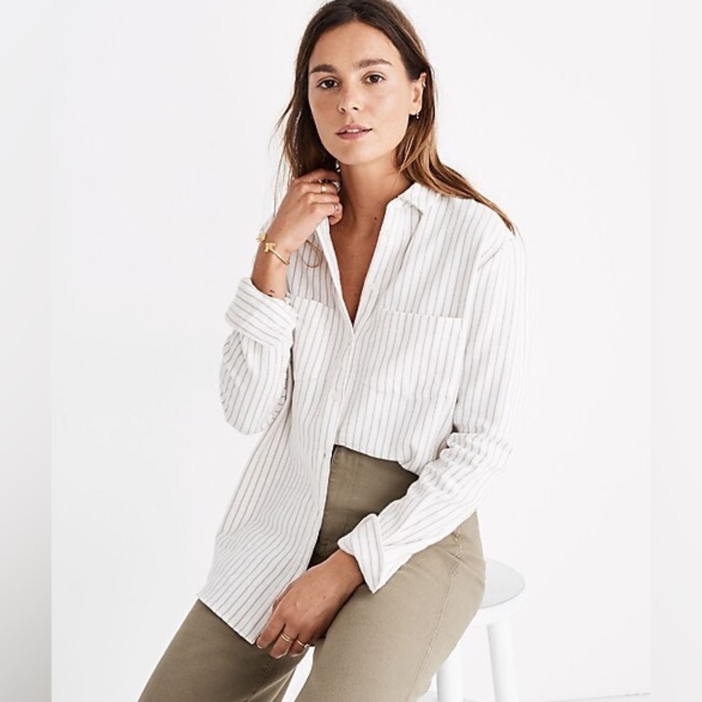 Madewell White Pinstriped Button-Down Shirt